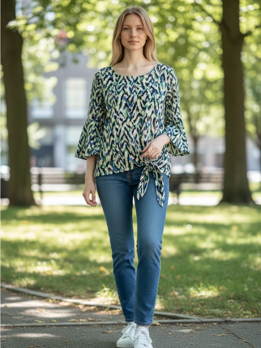 Tie-Front Printed Blouse in Green and Blue